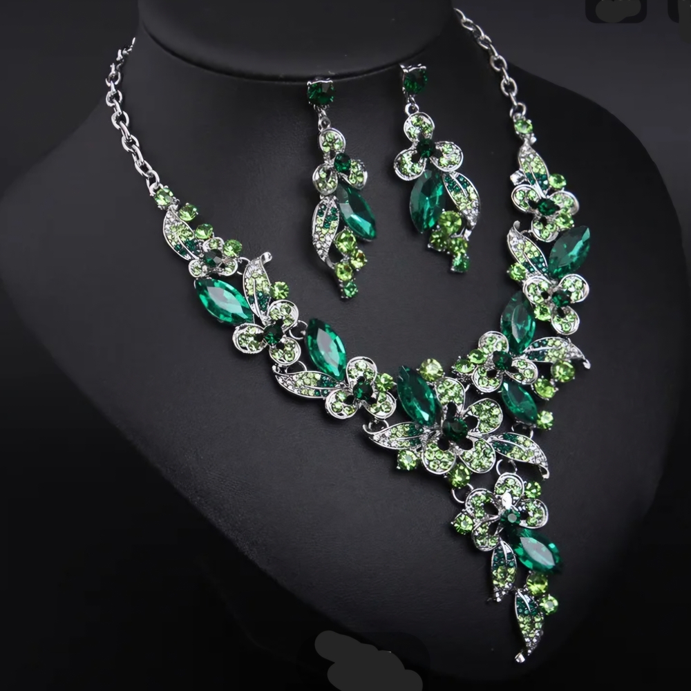 Emerald Green Rhinestone Floral Necklace and Earrings Set - Picture 9 of 13